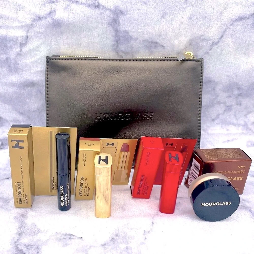 Hourglass Beauty Gift Set-Cosmetic Bag,Setting Powder,2 Lipstick,Mascara-5pc-NEW